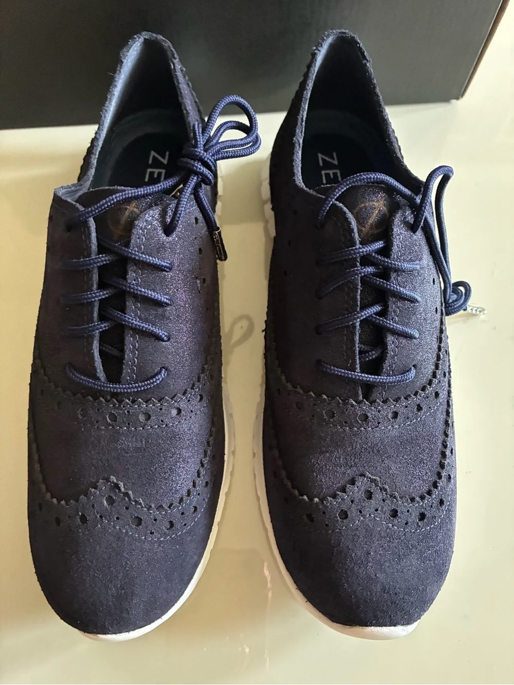 Cole Haan Navy Suede Wingtip Derby with White Sole